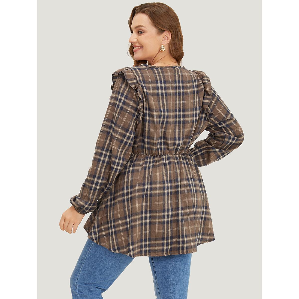 Plus Size DarkBrown Plaid Ruffles Trim Lantern Sleeve Asymmetrical Hem Wrap Blouse Women Elegant Long Sleeve V-neck Dailywear Blouses BloomChic 10/M Product Image