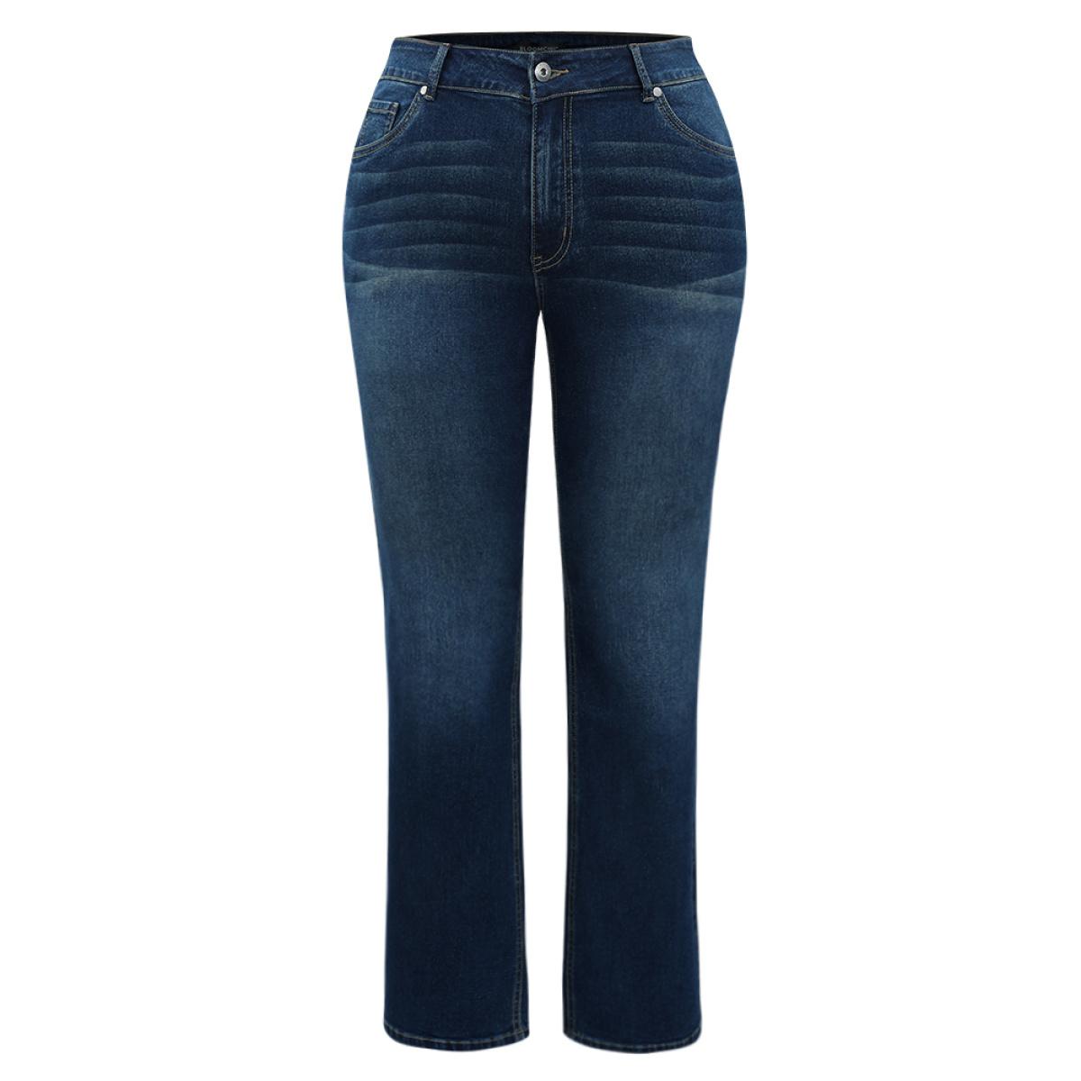 Plus Size Dark Wash Button Up Straight Leg Jeans Women DarkBlue Casual Plain Plain High stretch Pocket Jeans BloomChic 16/1X Product Image