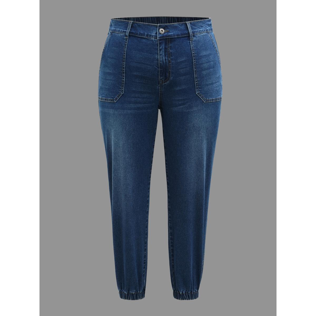 Plus Size Elastic Cuffs Adjustable Waist Straight Jeans Women Midblue Casual Button Medium stretch Slanted pocket Jeans BloomChic 22/3X Product Image