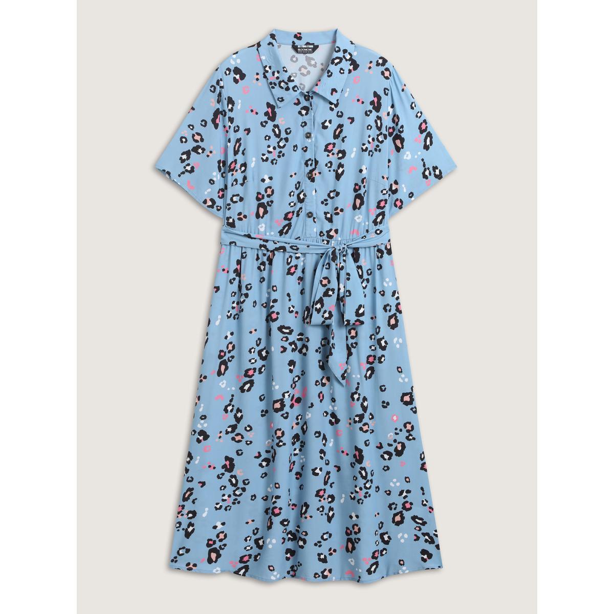 Plus Size Floral Print Collar Belted Midi Dress Stone Women Shirt collar Short sleeve Curvy BloomChic 12/L Product Image
