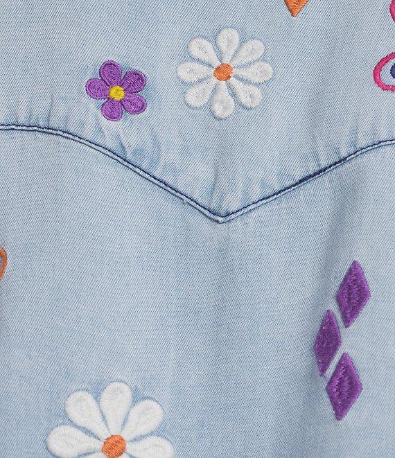 John Mark Petite Size Woven All Over Floral Embroidered Point Collar Long Roll-Tab Sleeve Button Front Blouse Product Image