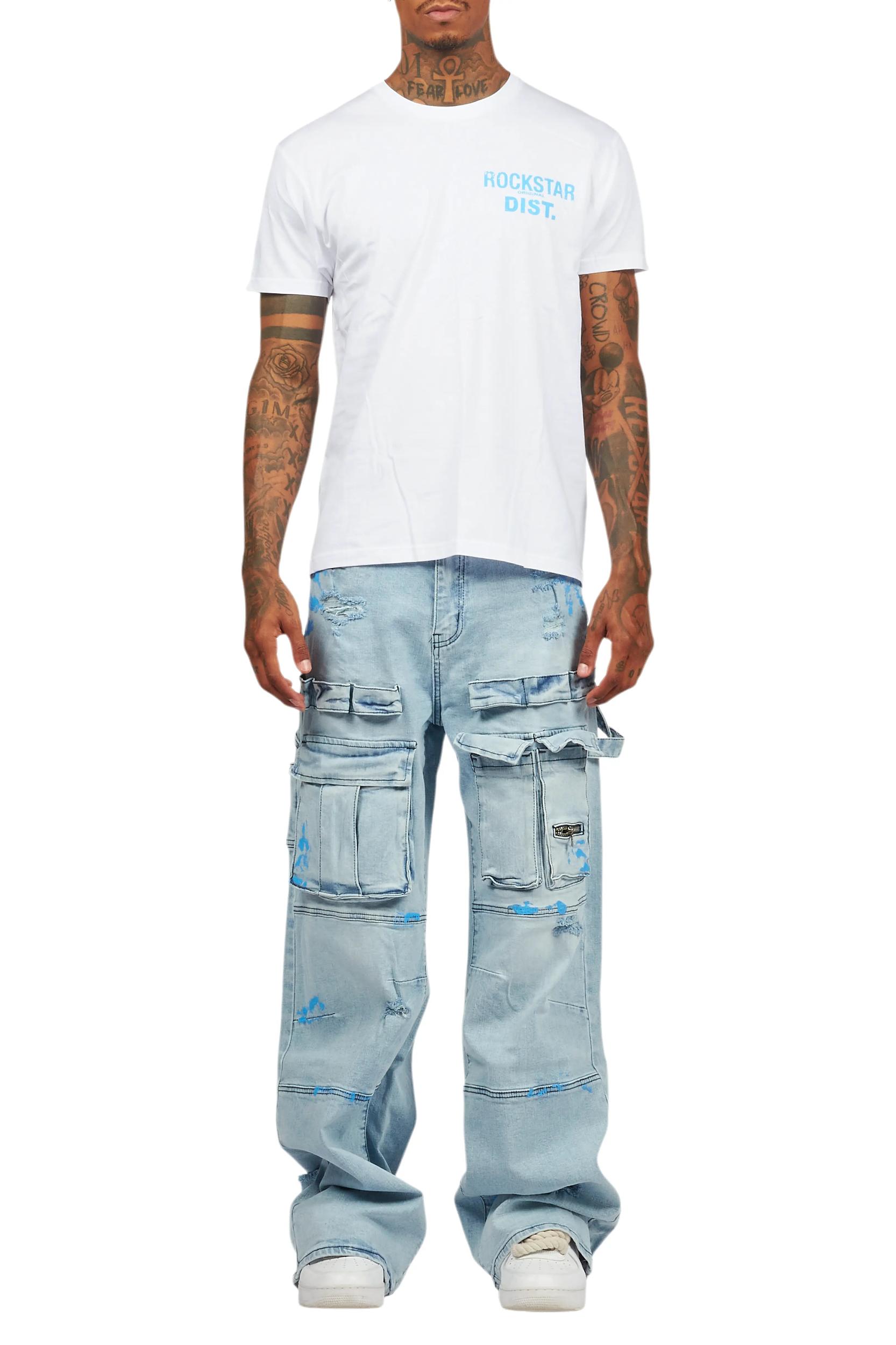 Lake White/Blue T-Shirt/Baggy Fit Cargo Jean Set Male Product Image