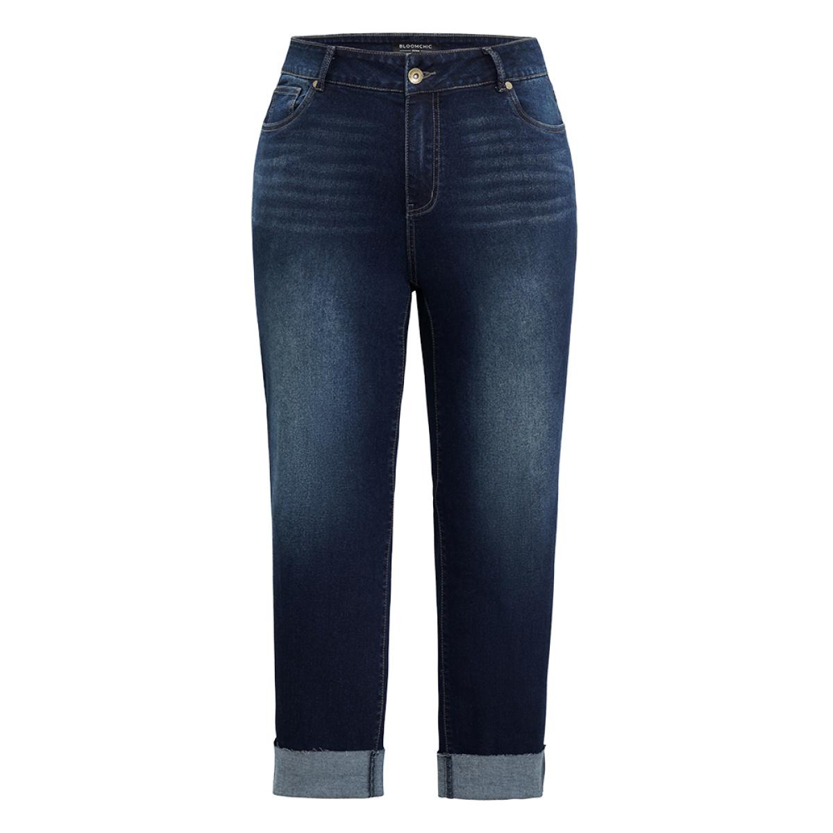 Plus Size Solid Roll Hem Very Stretchy Straight Leg Jeans Women Indigo Casual Plain Plain High stretch Pocket Jeans BloomChic 12/L Product Image