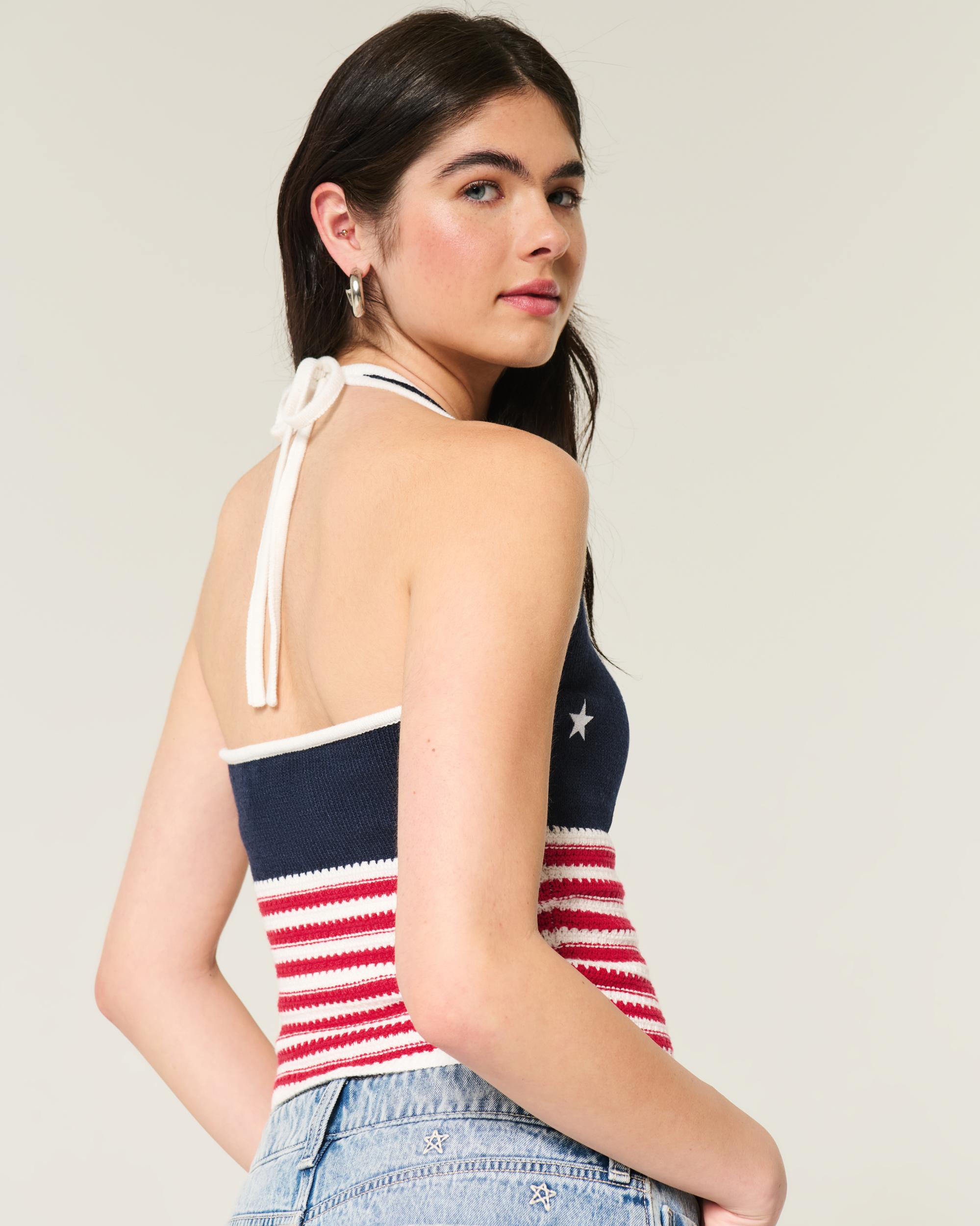 American Flag Pattern Crochet-Style Halter Top Product Image