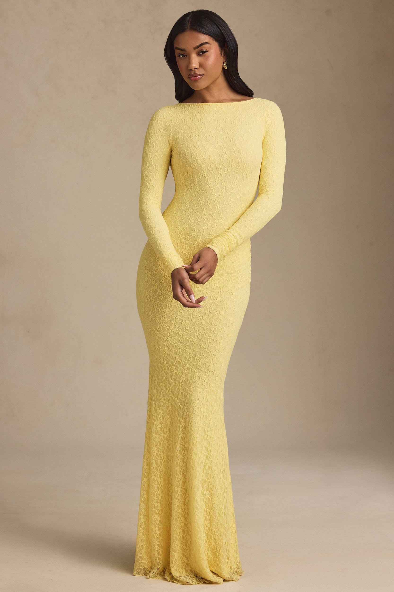Ruched Backless Lace Maxi Dress in Pastel Yellow Product Image
