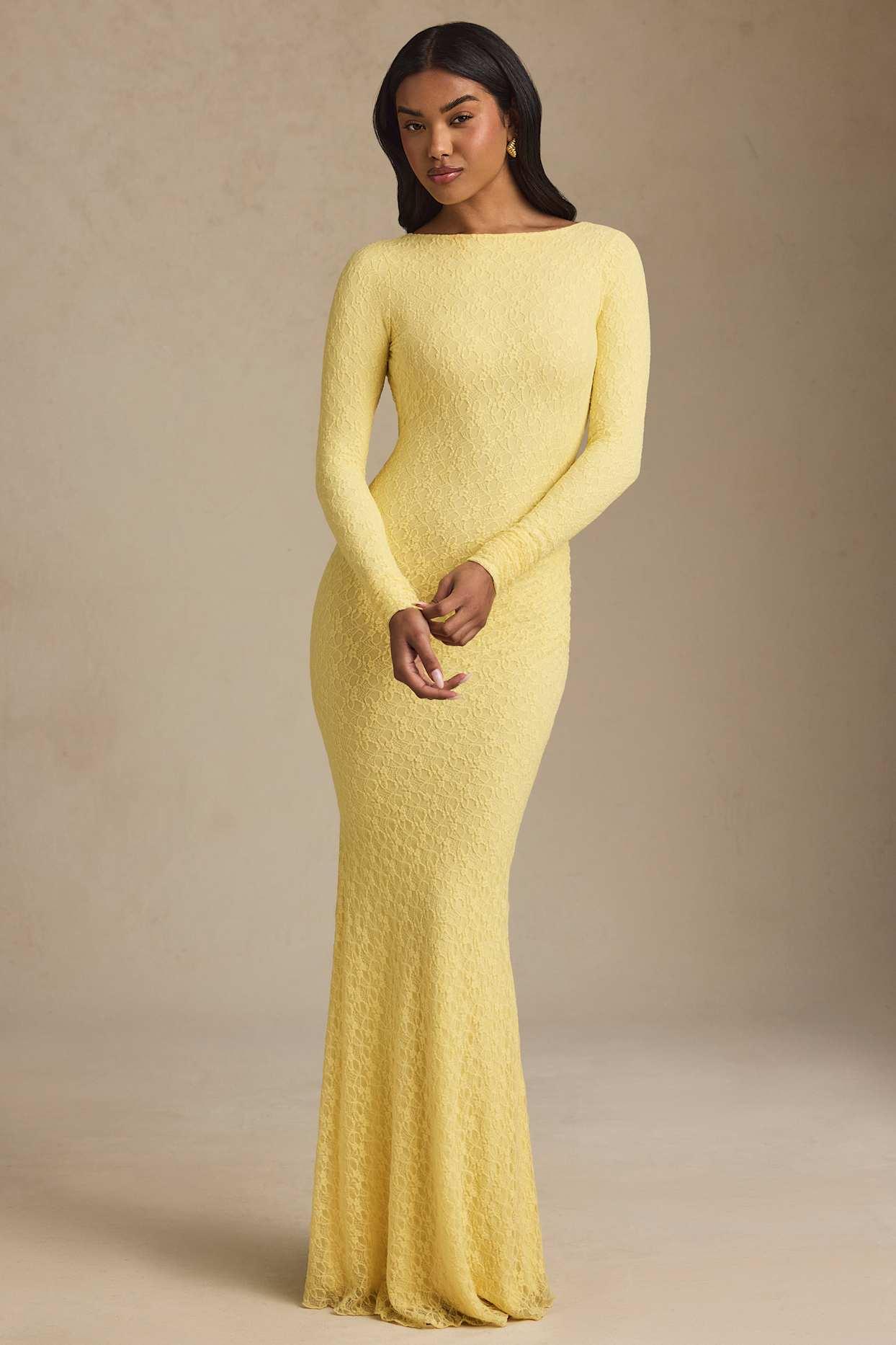 Ruched Backless Lace Maxi Dress in Pastel Yellow Product Image