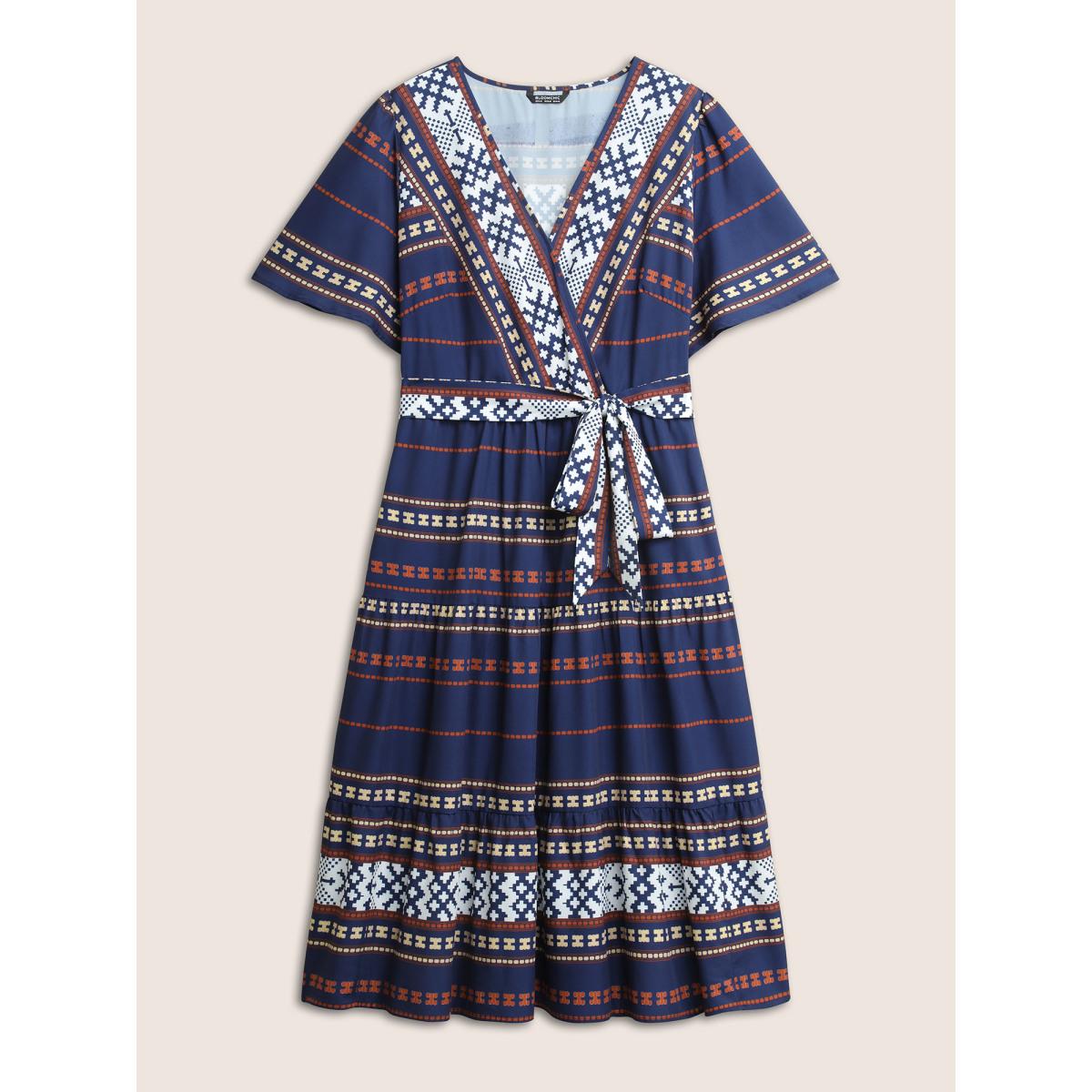 Plus Size Boho Print Wrap Flutter Sleeve Belted Dress DarkBlue Women Resort Overlapping Overlap Collar Short sleeve Curvy Midi Dress BloomChic 10/M Product Image