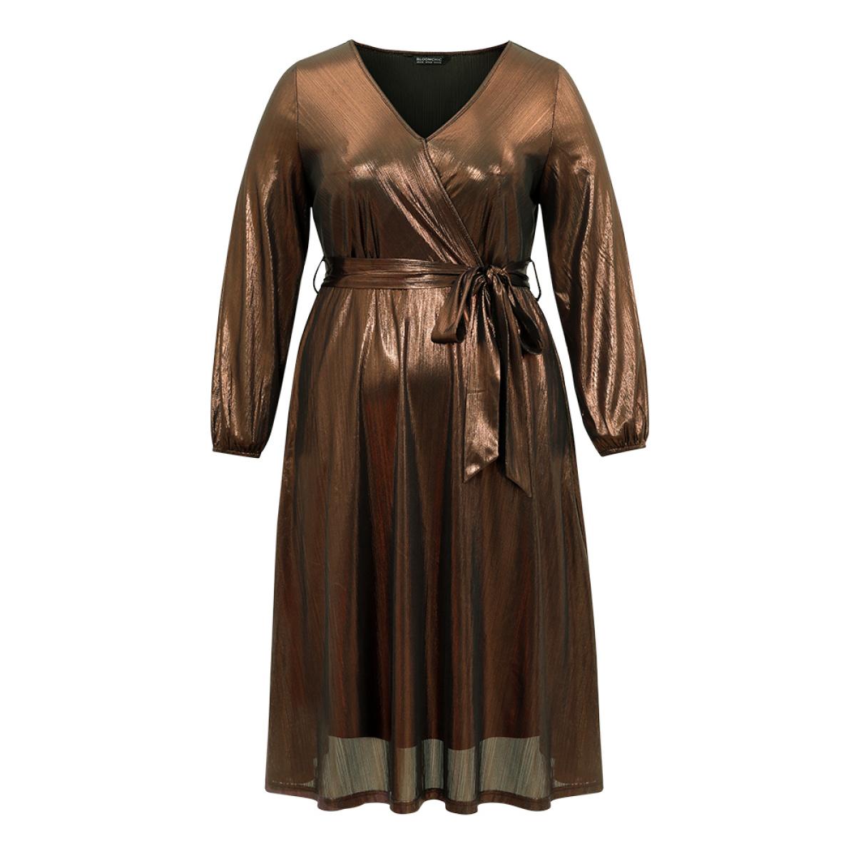 Plus Size Metallic Belted Wrap Lantern Sleeve Dress Bronze Women Cocktail Elastic cuffs Overlap Collar Long Sleeve Curvy Midi Dress BloomChic 18-20/2X Product Image
