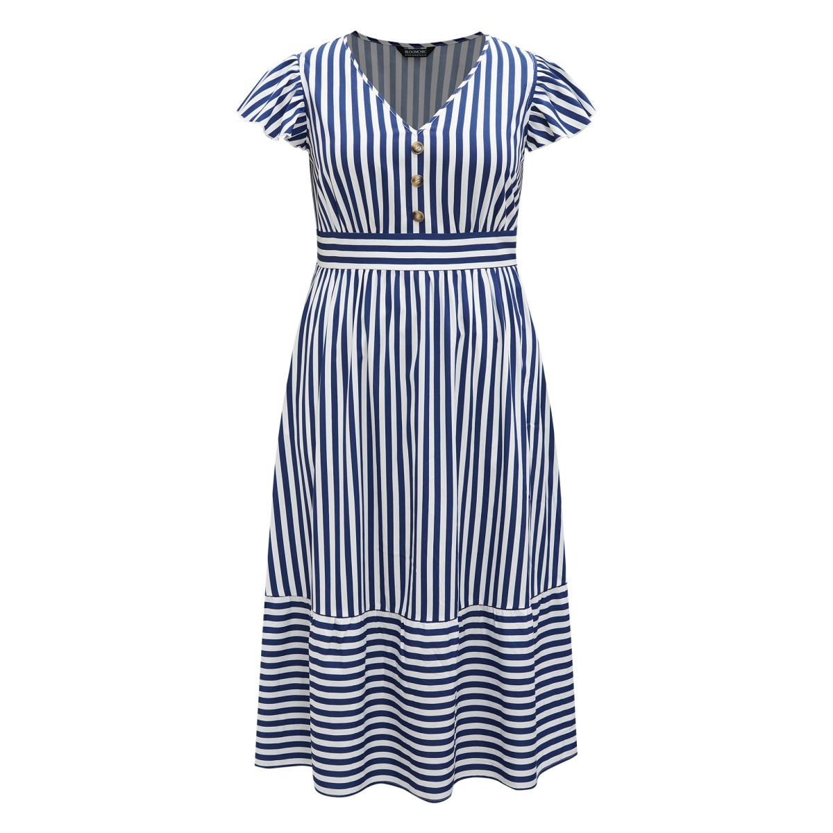 Plus Size Nautical Stripes Stretchy Waist Tiered Midi Dress Navy Women Resort Button V-neck Cap Sleeve Curvy BloomChic 22-24/3X Product Image