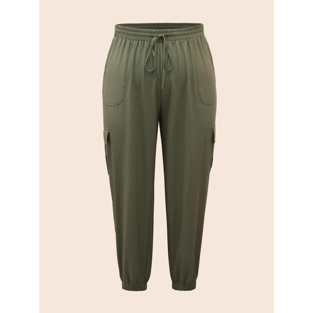 Plus Size Mid Rise Patched Pocket Drawstring Pants Women ArmyGreen Casual Mid Rise Everyday Pants BloomChic 12/L Product Image