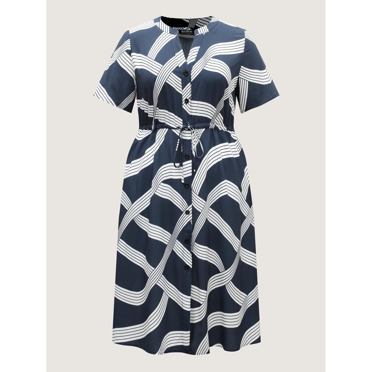 Plus Size Rayon Geometric Print Waist-Tie Midi Dress Indigo Women Flat collar with V-notch Short sleeve Curvy BloomChic 18-20/2X Product Image