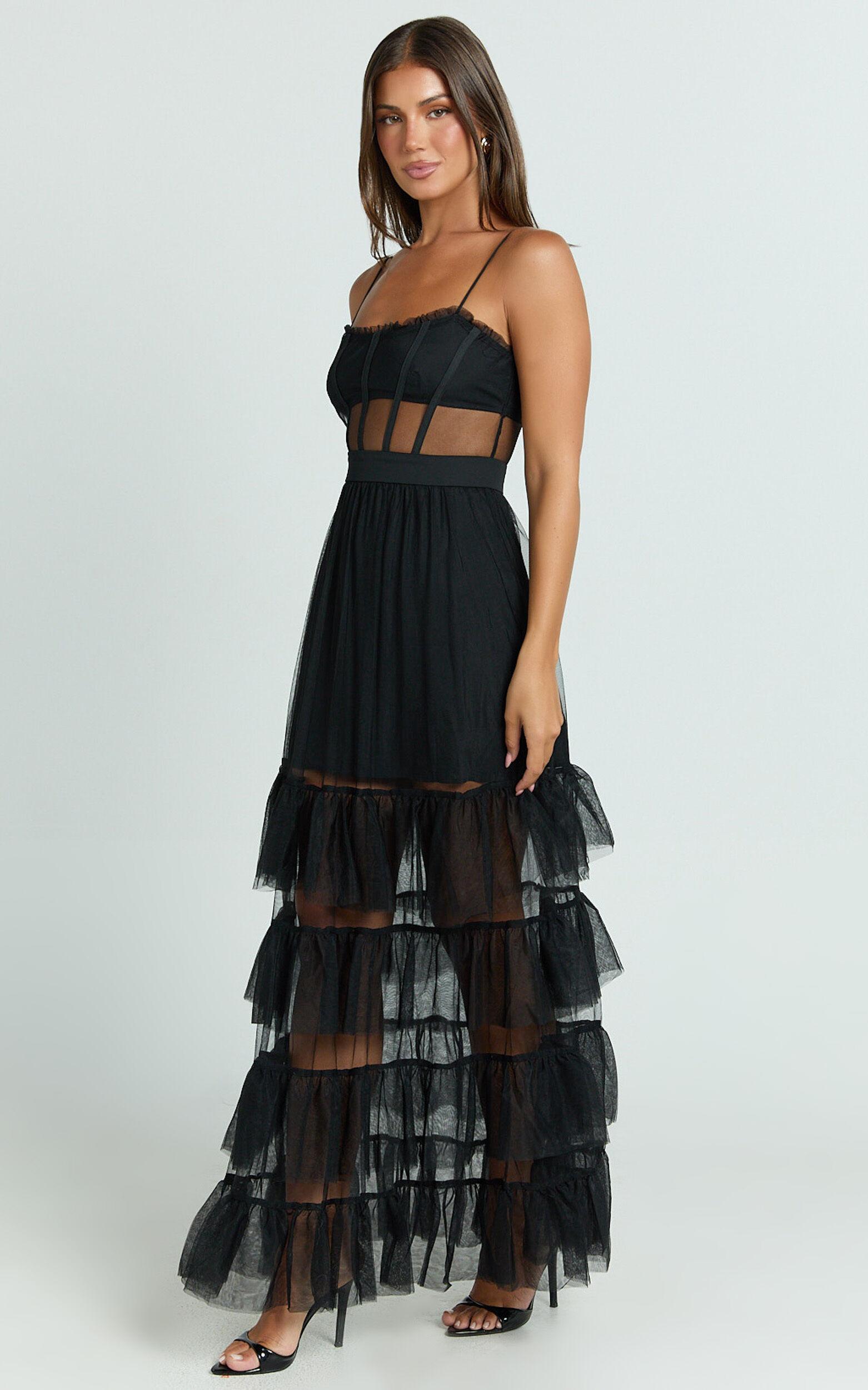 Evelynn Midi Dress - Sweetheart Corset Bodice Fit & Flare Tiered in Black Product Image