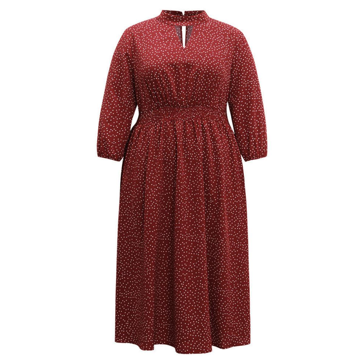 Plus Size Polka Dot Keyhole Pocket Mock Neck Dress Scarlet Women Elegant Elastic cuffs Mock Neck Elbow-length sleeve Curvy Midi Dress BloomChic 22-24/3X Product Image