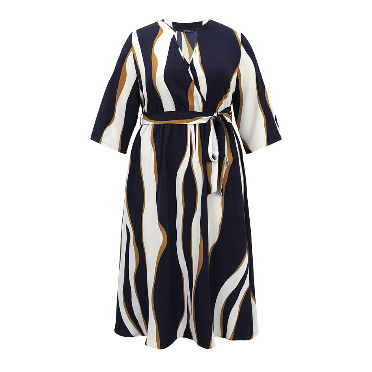 Plus Size Water Ripple Belted Overlap Collar Pocket Dress Indigo Women Office Wrap Overlap Collar Elbow-length sleeve Curvy Midi Dress BloomChic 22-24/3X Product Image