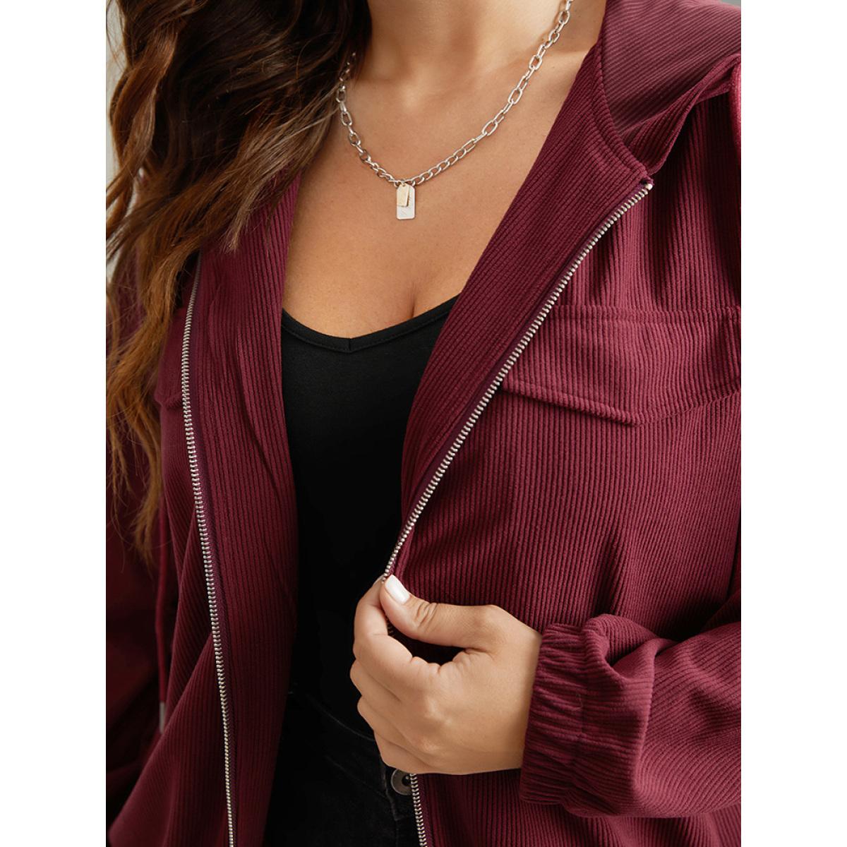 Plus Size Corduroy Hooded Flap Pocket Ties Jacket Women Burgundy Elastic cuffs Pocket Everyday Jackets BloomChic 18-20/2X Product Image