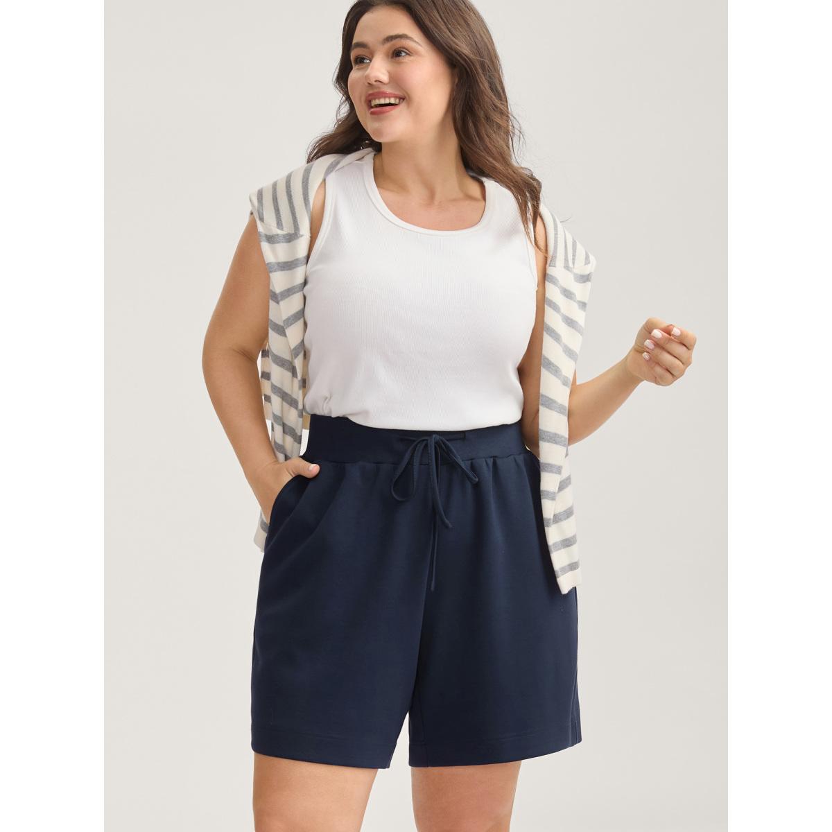 Plus Size Supersoft Wide Waistbelt Shorts Women Indigo Leisure Roll Hem Straight Leg Casual Shorts BloomChic 14-16/1X Product Image