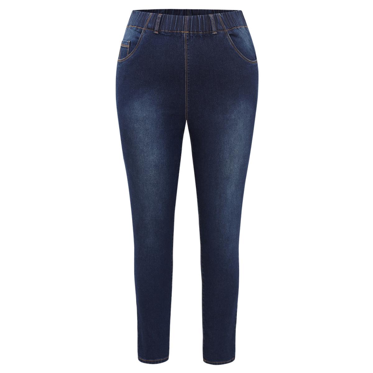 Plus Size Elastic Waist High Rise Skinny Jeans Women DarkBlue Casual Plain Non High stretch Slanted pocket Jeans BloomChic 28/5X Product Image