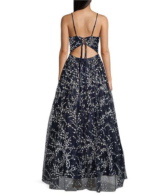 Blondie Nites Caviar Glitter Patterned V-Neck Sleeveless Tie Back A-Line Gown Product Image