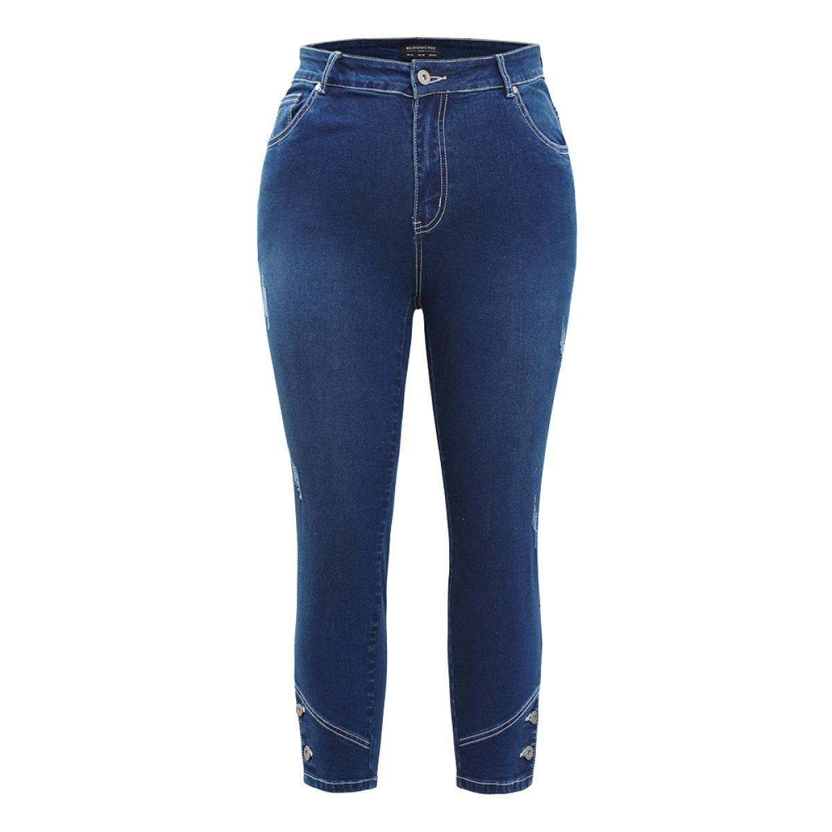 Plus Size Very Stretchy High Rise Dark Wash Button Hem Jeans Women Indigo Casual Plain Button High stretch Jeans BloomChic 14/1X Product Image