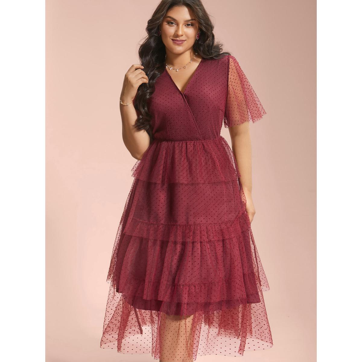 Plus Size Polka Dot Sheer Mesh Tiered Dress Burgundy Women Cocktail Texture Party Curvy Bloomchic 22-24/3X Product Image