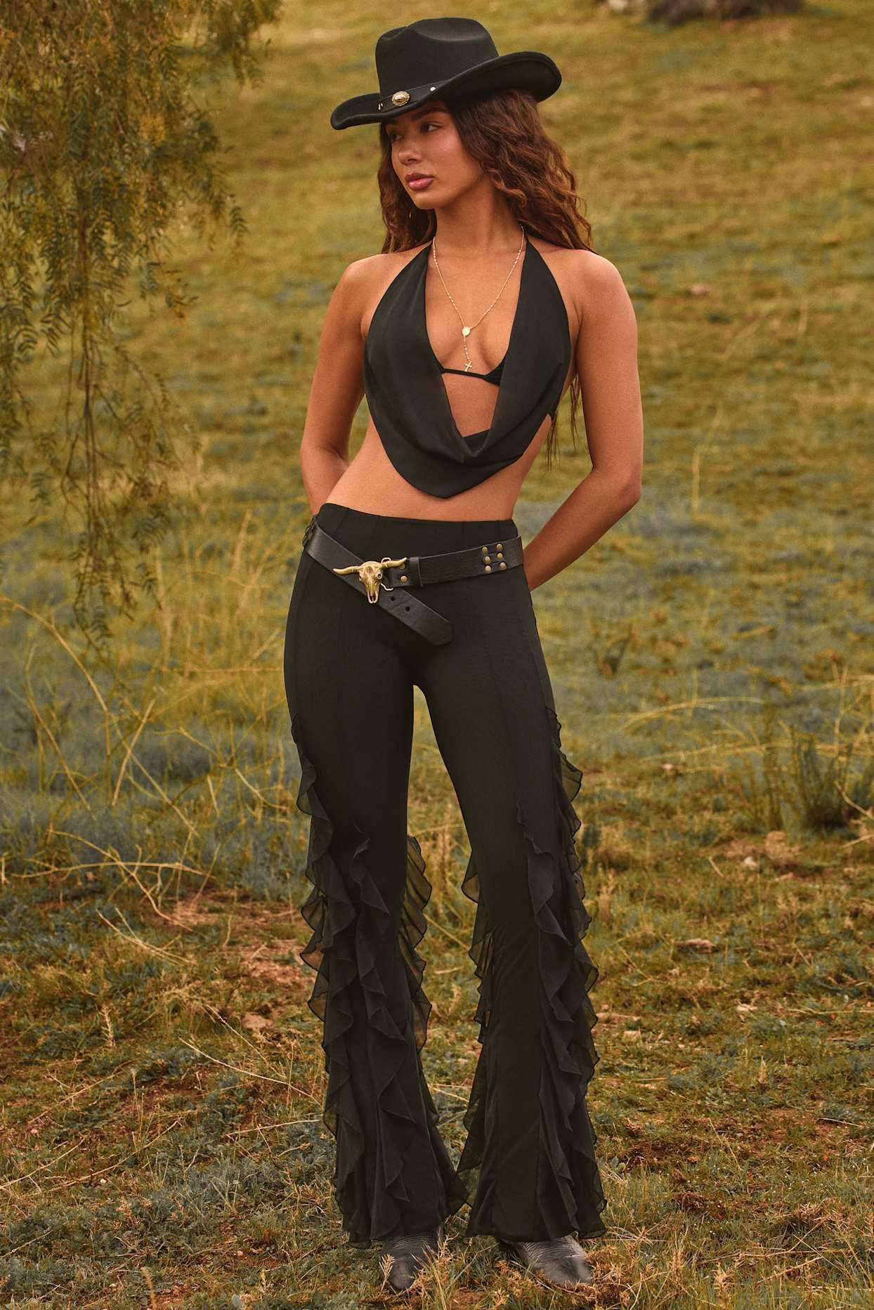 Ruffled Mid-Rise Flared Trousers in Black Product Image