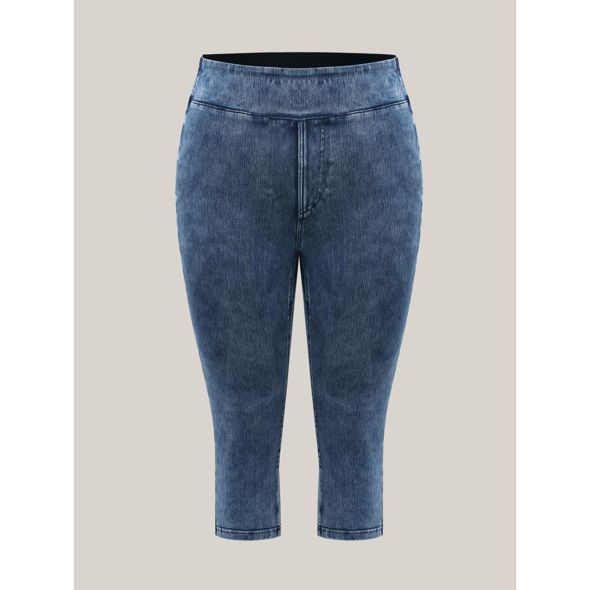 Plus Size Yoga Stretch Skinny Fit Knit Denim Women Midblue Elegant High stretch Slanted pocket Jeans BloomChic 12/L Product Image