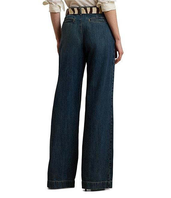 Lauren Ralph Lauren Petite Size High-Rise Pleated Wide-Leg Denim Pocketed Jeans Product Image