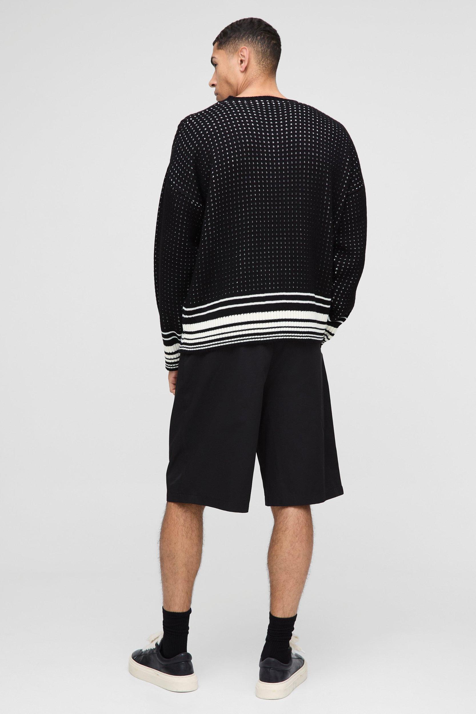 Boxy Crochet Look Stripe V Neck Knitted Sweater | boohooMAN USA Product Image