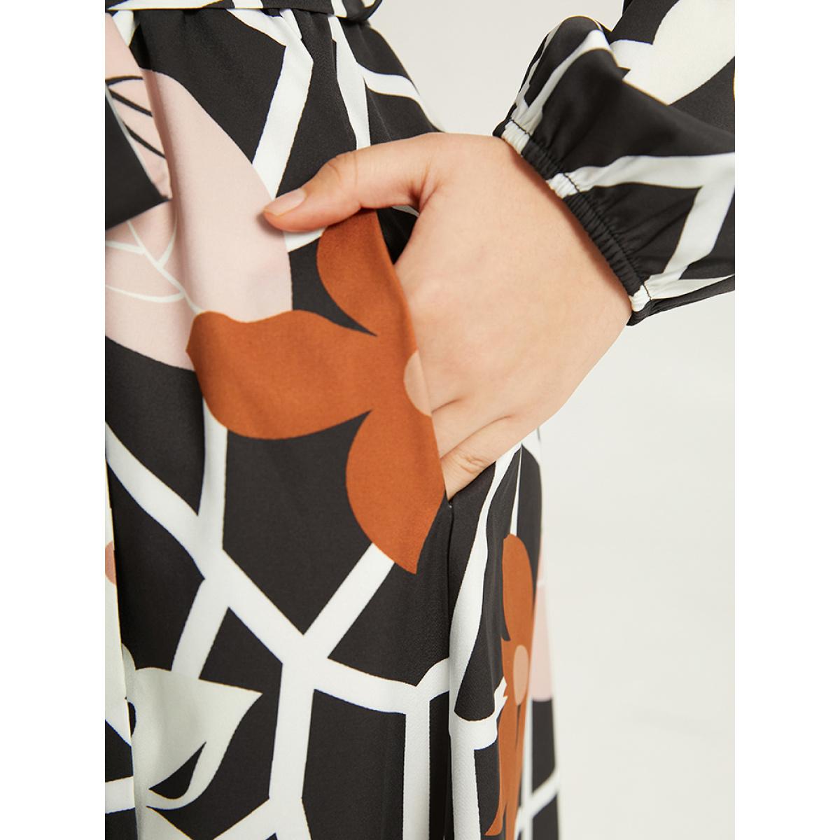 Plus Size Geometric & Plants Button Through Pocket Dress Multicolor Women Office Elastic cuffs Shirt collar Long Sleeve Curvy Midi Dress BloomChic 12/L Product Image