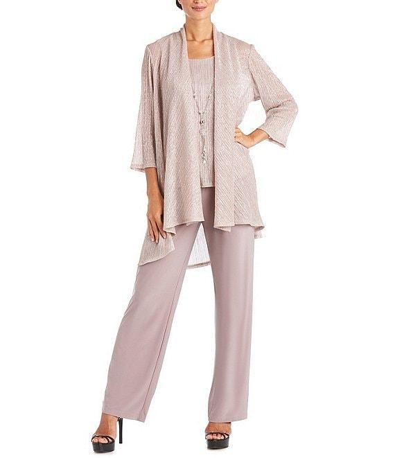 R & M Richards Pleated Crinkle Metallic Scoop Neck 3/4 Sleeve 3-Piece Pant Set Product Image