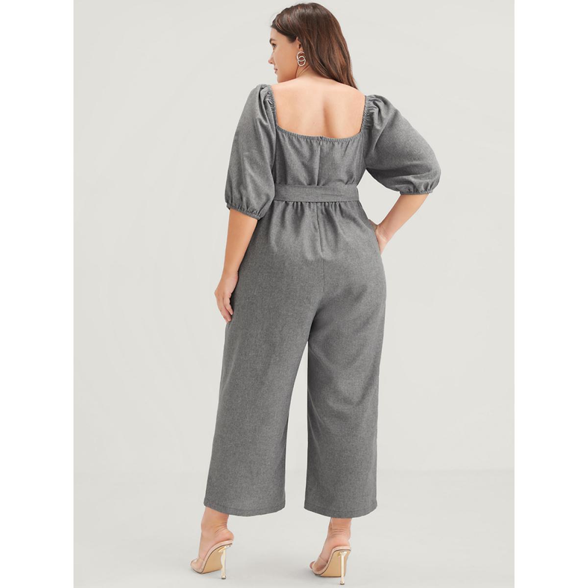 Plus Size DimGray Plain Fake Button Pocket Puff Sleeve Square Neck Belted Jumpsuit Women Office Half Sleeve Square Neck Work Loose Jumpsuits BloomChic 28/5X Product Image