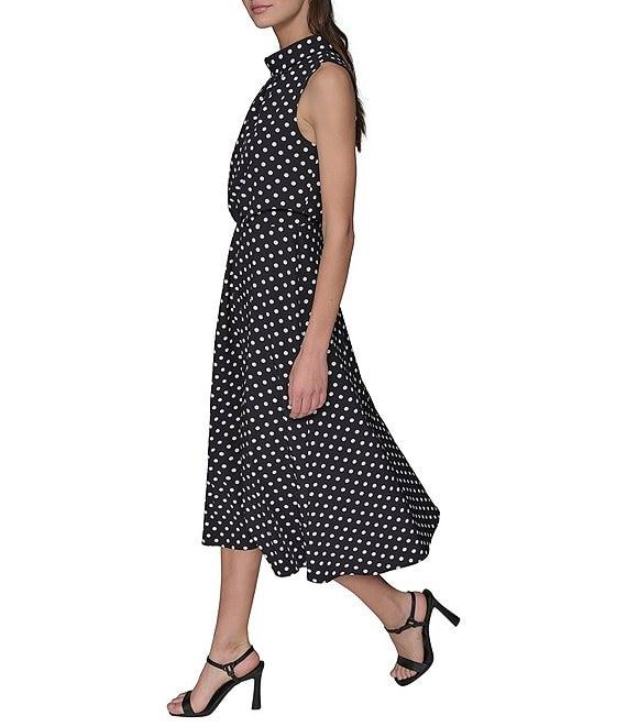KARL LAGERFELD PARIS Crepe Dotted Print Mock Neck Sleeveless Midi Dress Product Image