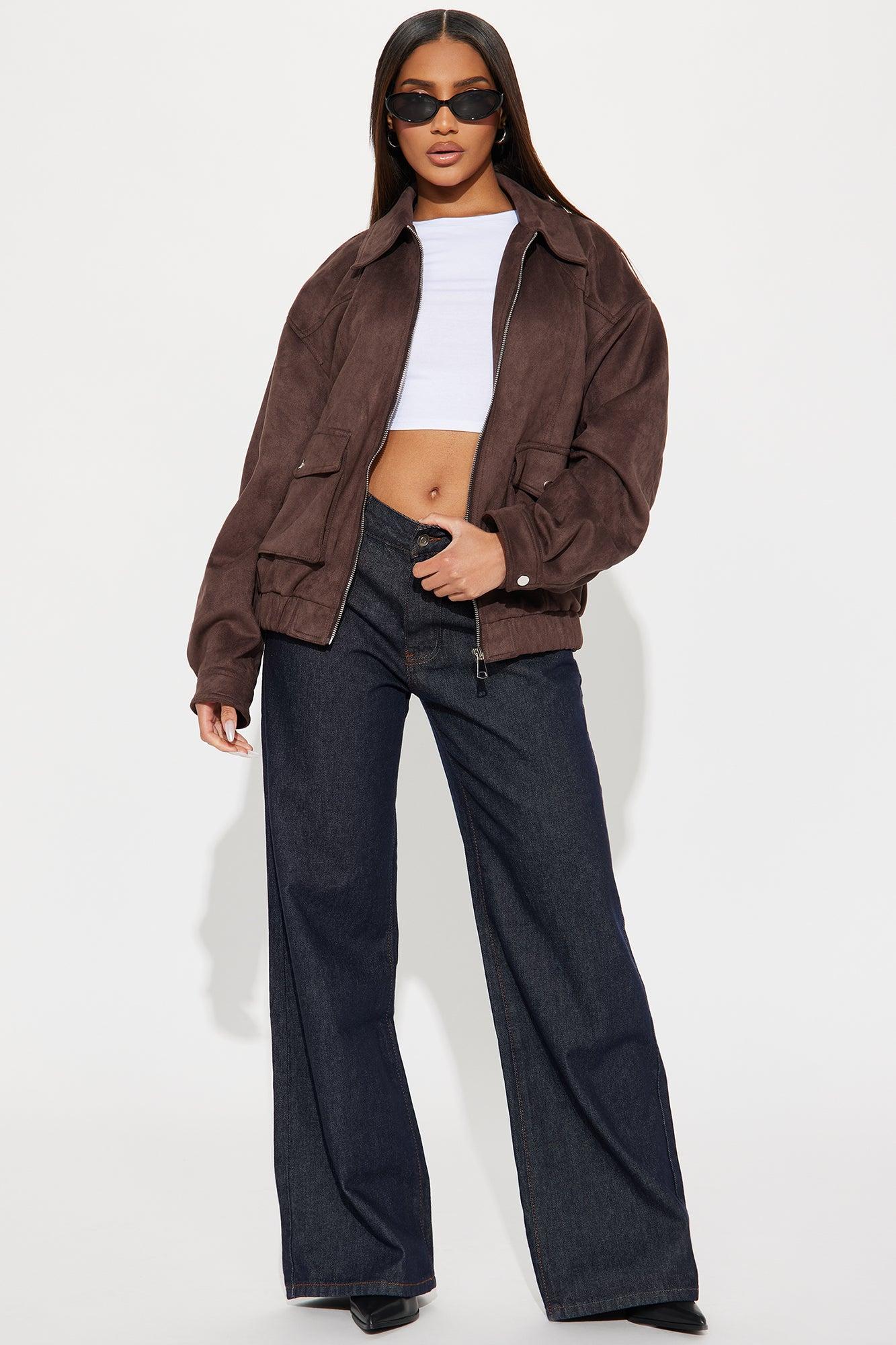 Delilah Washed Faux Suede Bomber Jacket - Chocolate Female Product Image