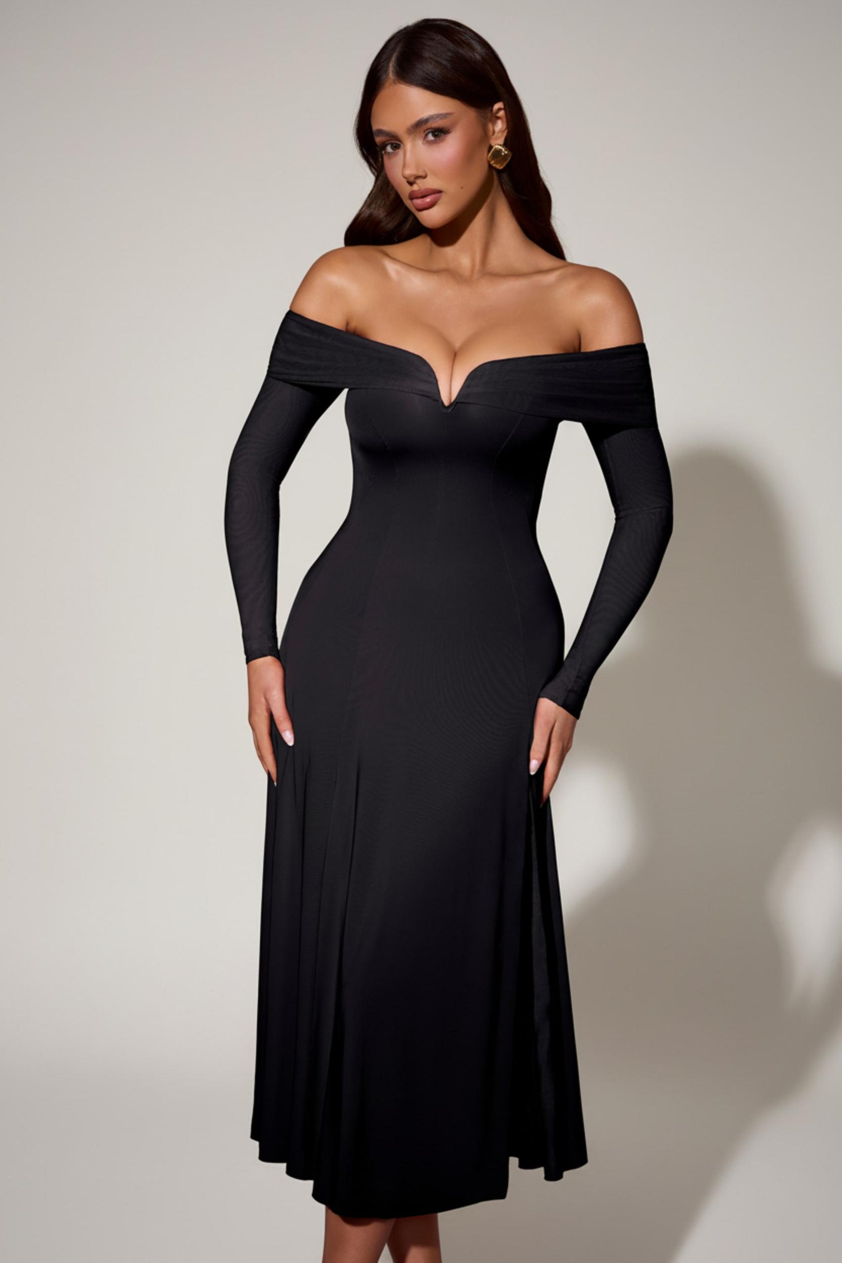 Off-Shoulder Lace-Up A-Line Midaxi Dress in Black Product Image