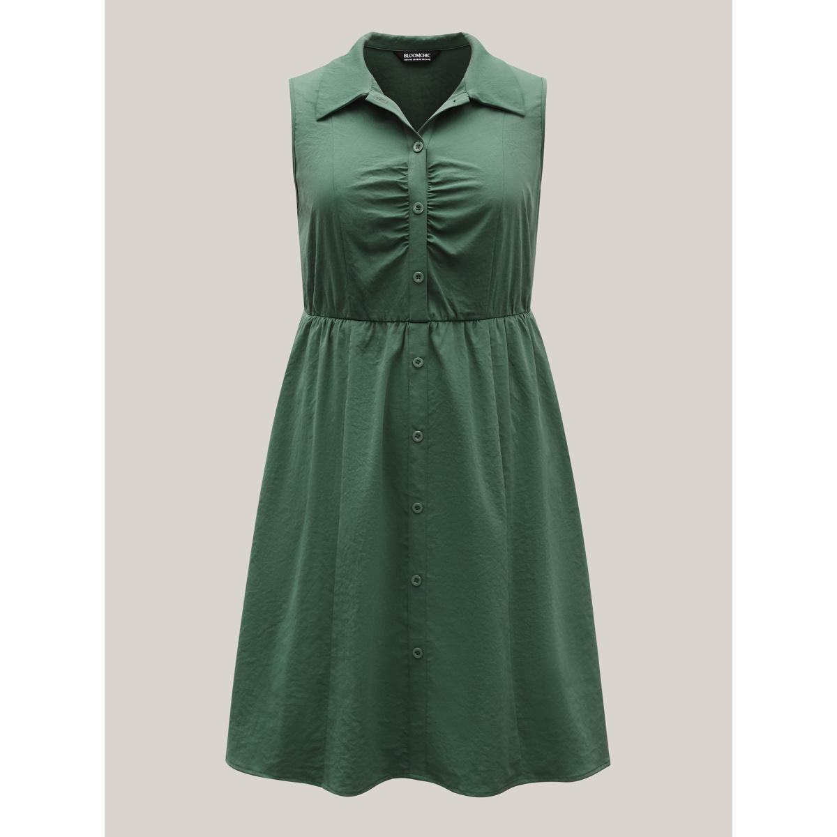 Plus Size Ruched Cinched-Waist Shirt Dress Emerald Women Shirt collar Sleeveless Curvy BloomChic 28/5X Product Image