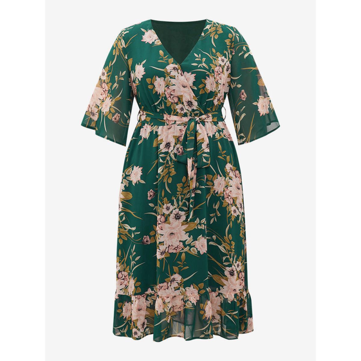 Plus Size Floral Print Surplice Neck Belted Dress DarkGreen Women Elegant Lined V-neck Elbow-length sleeve Curvy Midi Dress BloomChic 22-24/3X Product Image