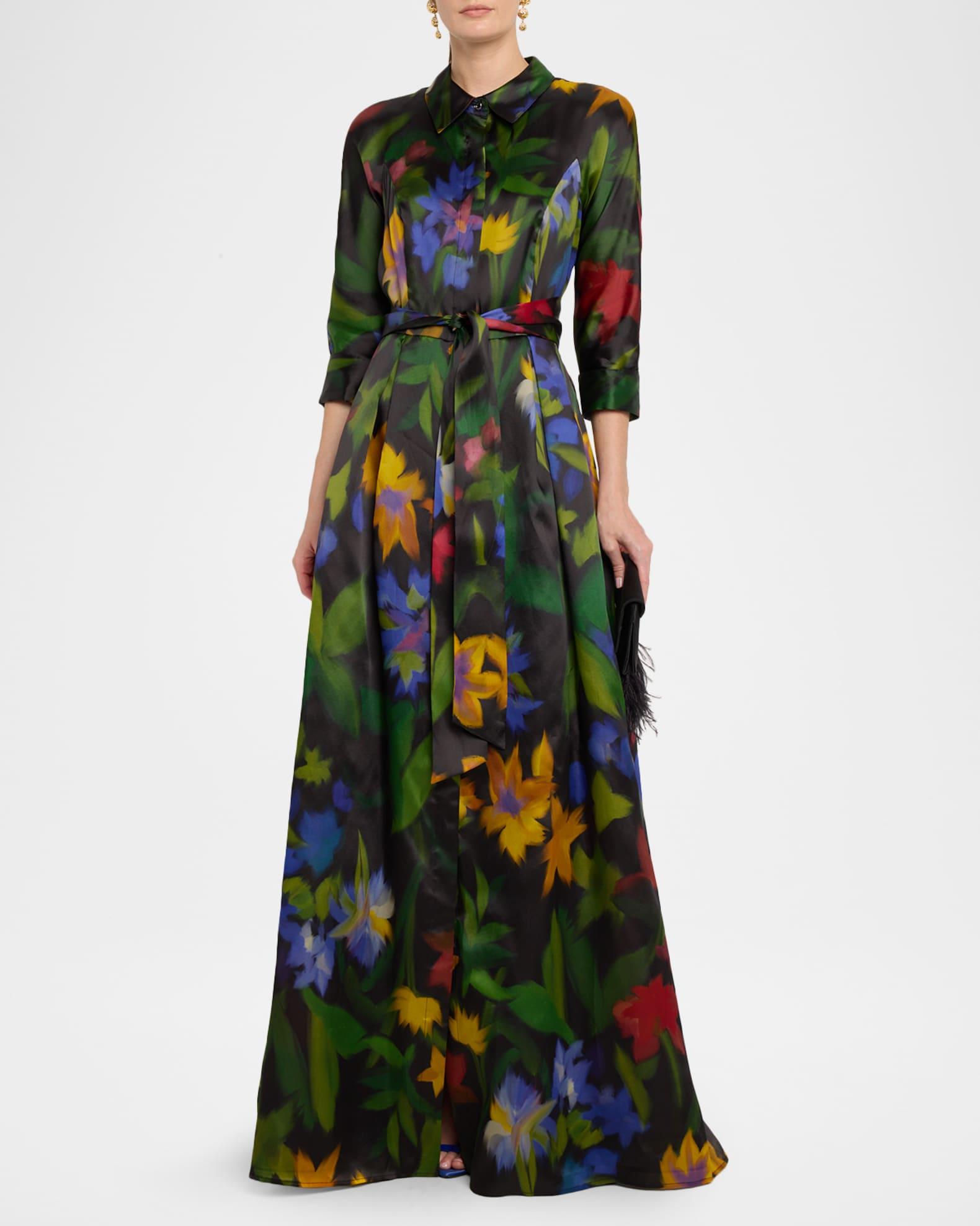 Pleated Floral-Print Silk Organza Shirt Gown Product Image