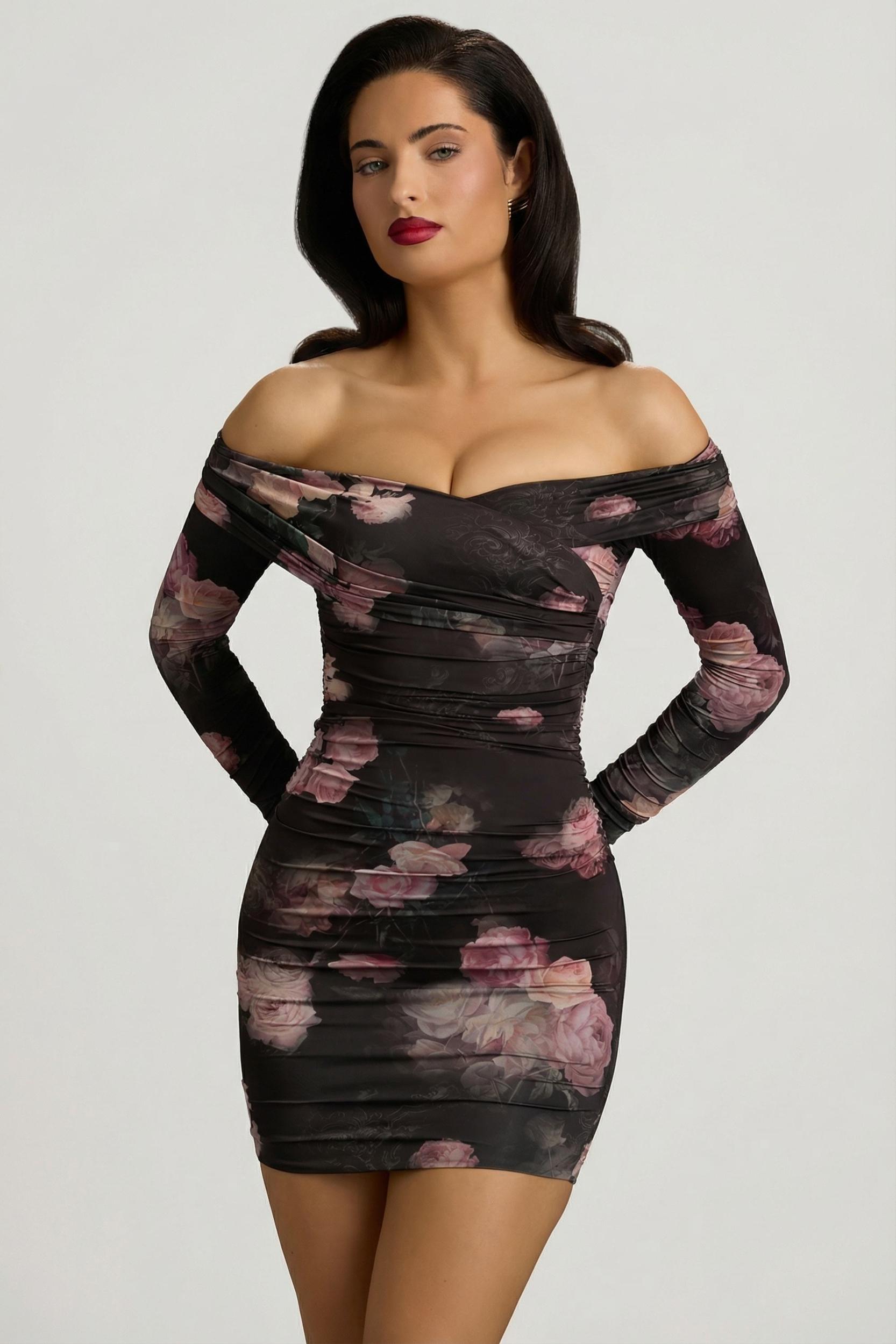 Off-Shoulder Ruched Bodycon Mini Dress in Black Floral Print Female Product Image
