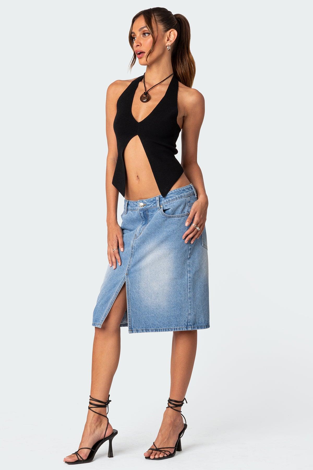 Junia Slitted Denim Midi Skirt Product Image