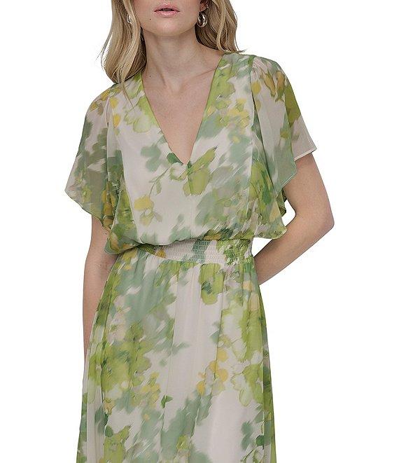 DKNY by Donna Karan Petite Size V-Neck Short Flutter Sleeve Smocked A-Line Midi Dress Product Image