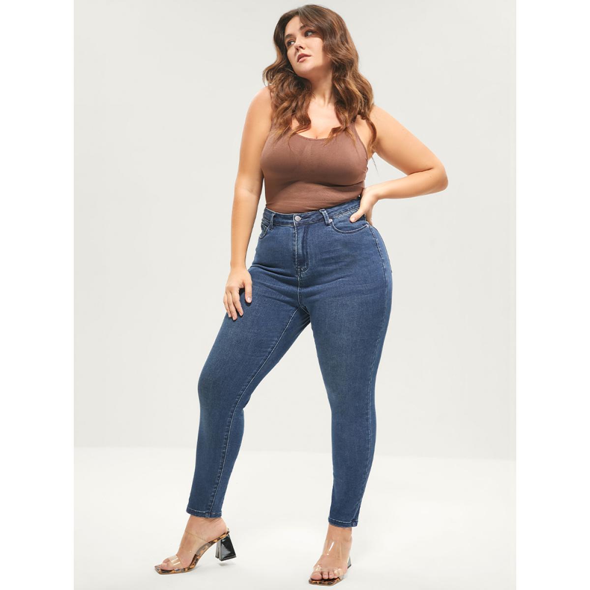 Plus Size Skinny Extremely Stretchy High Rise Medium Wash Sculpt Waist Jeans Women Blue Casual Plain Tummy control Super stretch Slanted pocket Jeans BloomChic 24/3X Product Image