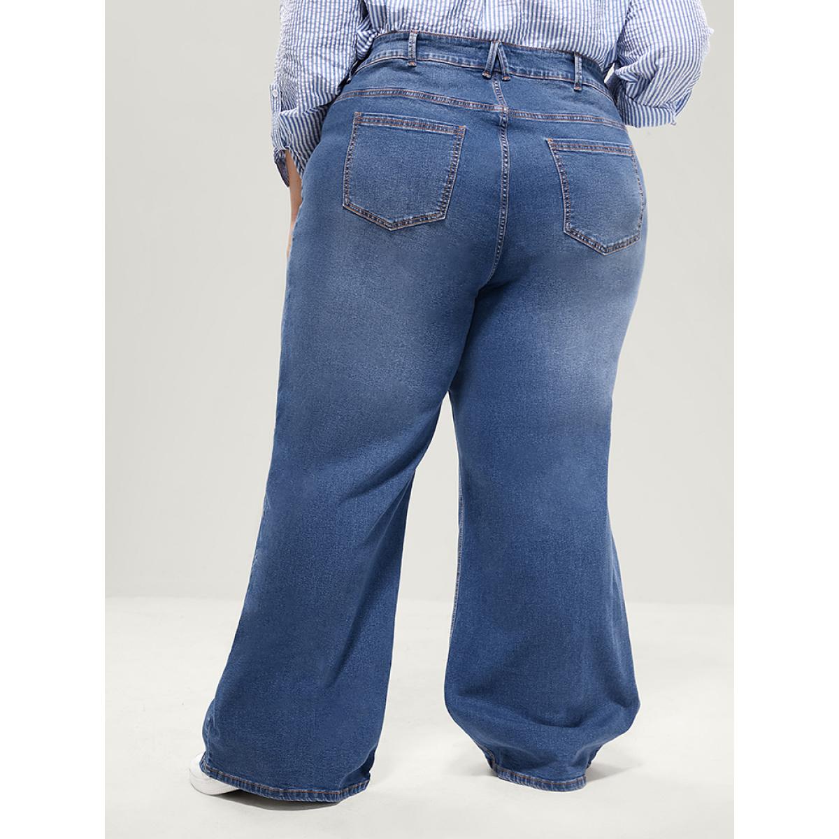 Plus Size Straight Moderately Stretchy High Rise Dark Wash Sculpt Waist Jeans Women DarkBlue Casual Plain Medium stretch Pocket Jeans BloomChic 22/3X Product Image