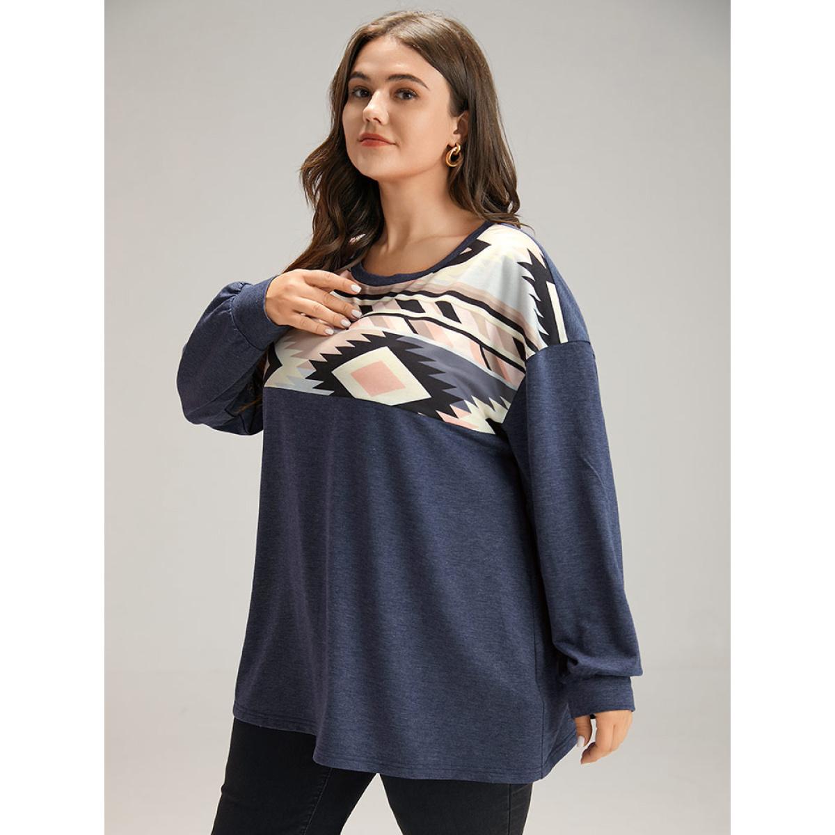 Plus Size Bandana Geometric Print Patchwork Crew Neck Sweatshirt Women Indigo Casual Elastic cuffs Round Neck Dailywear Sweatshirts BloomChic 22-24/3X Product Image