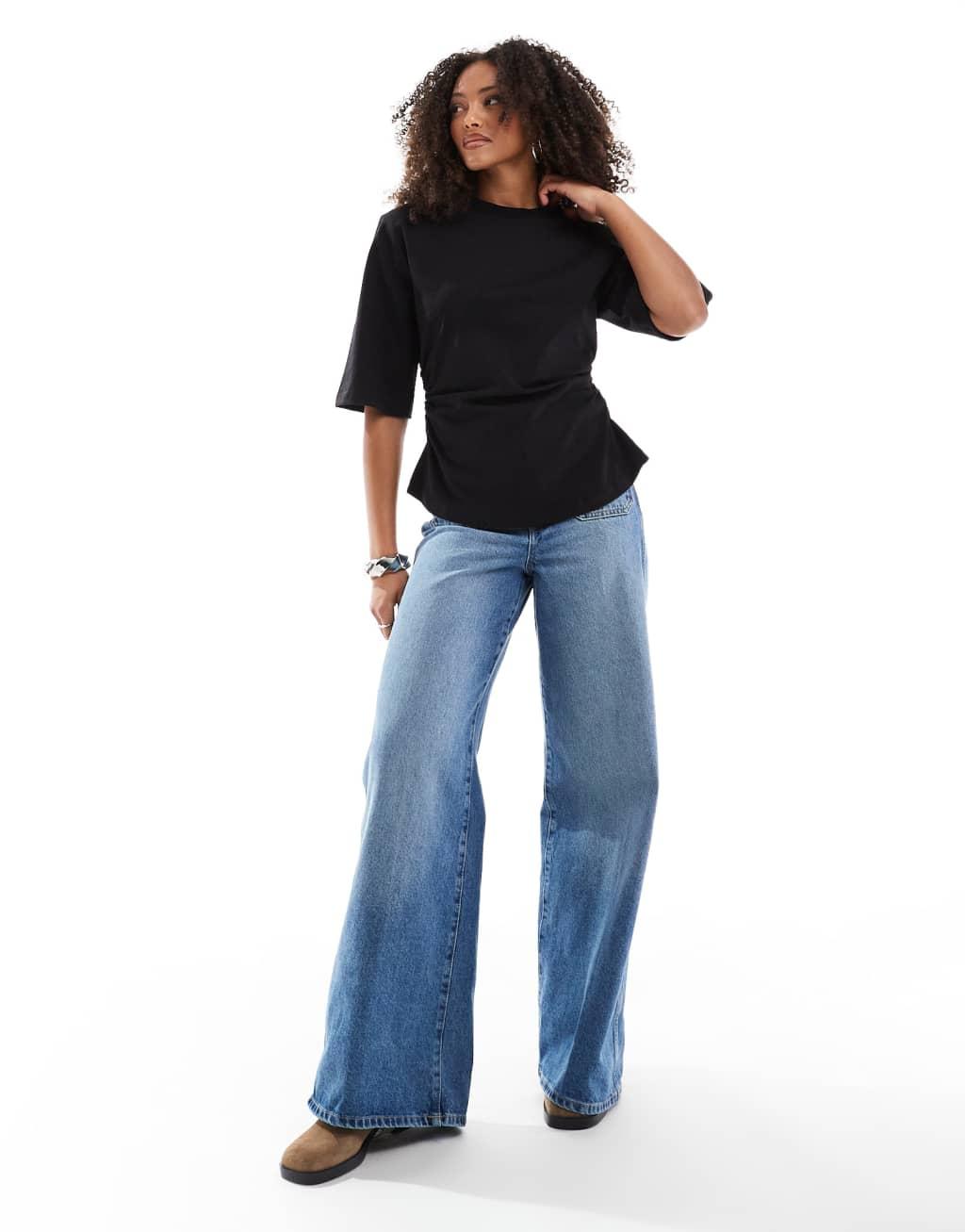 ASOS DESIGN shoulder pad cinch waist T-shirt in black Product Image