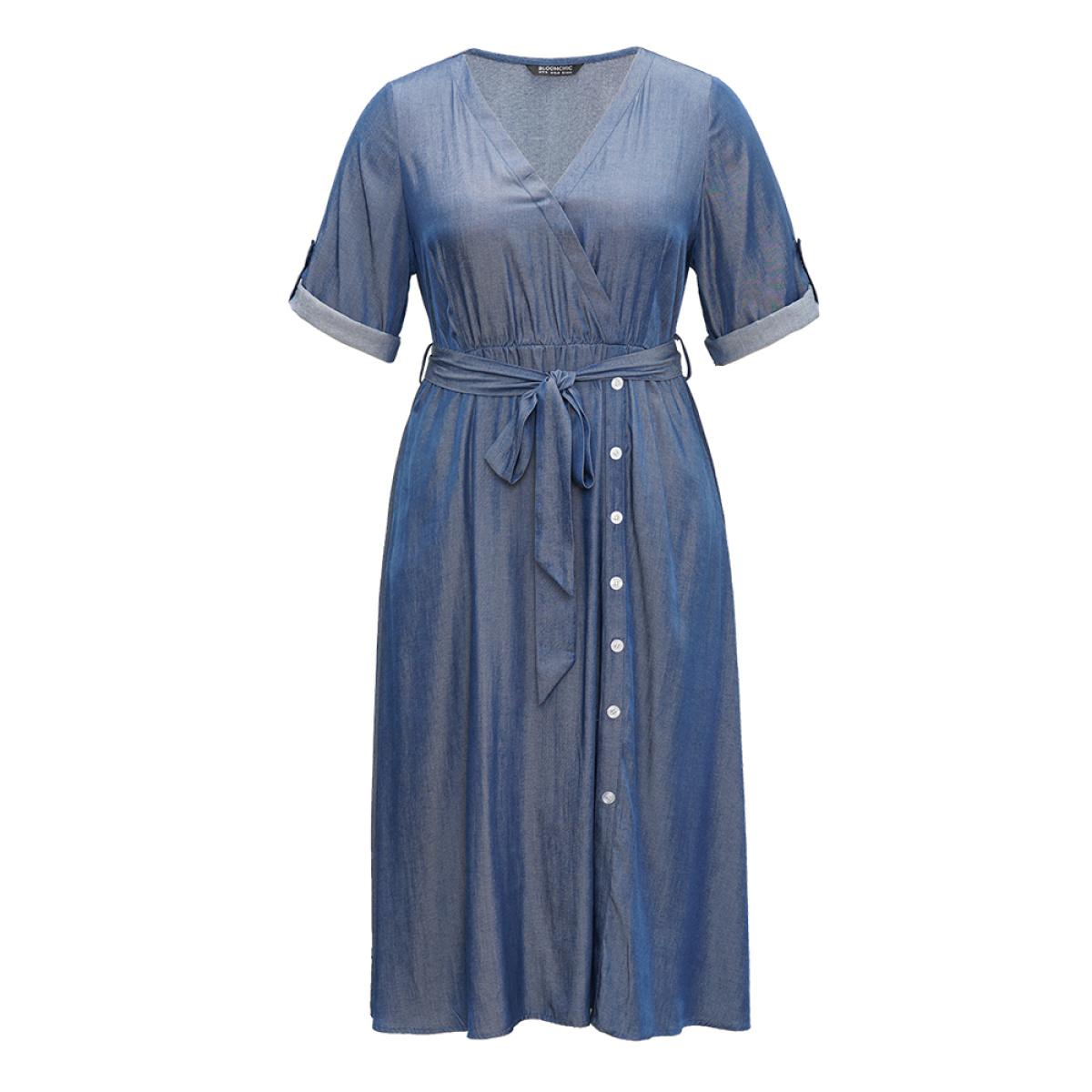 Plus Size Plain Button Detail Wrap Belted Tab Sleeve Dress Indigo Women Casual Plain V-neck Long Sleeve Curvy Midi Dress BloomChic 22-24/3X Product Image