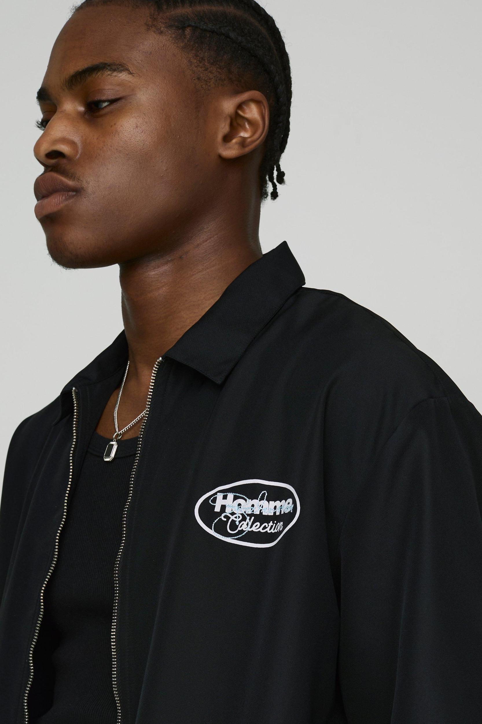 Oversized Zip Through Soft Twill Homme Graphic Shirt | boohooMAN USA Product Image