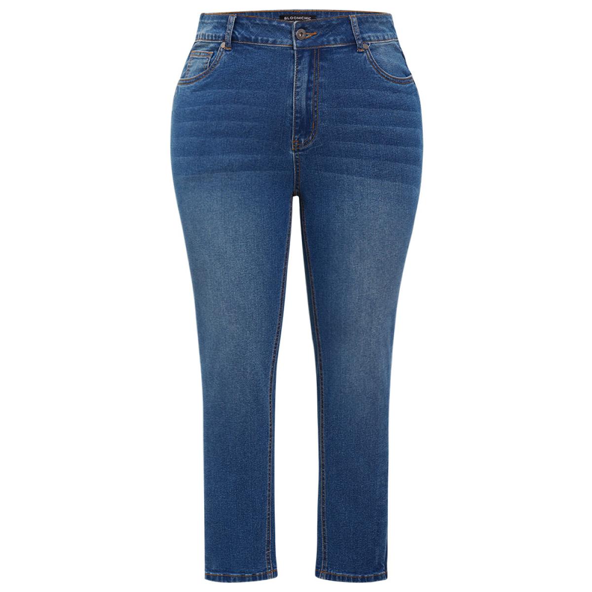 Plus Size Very Stretchy High Rise Medium Wash Contrast Patchwork Jeans Women Blue Casual Patchwork Contrast High stretch Pocket Jeans BloomChic 10/M Product Image