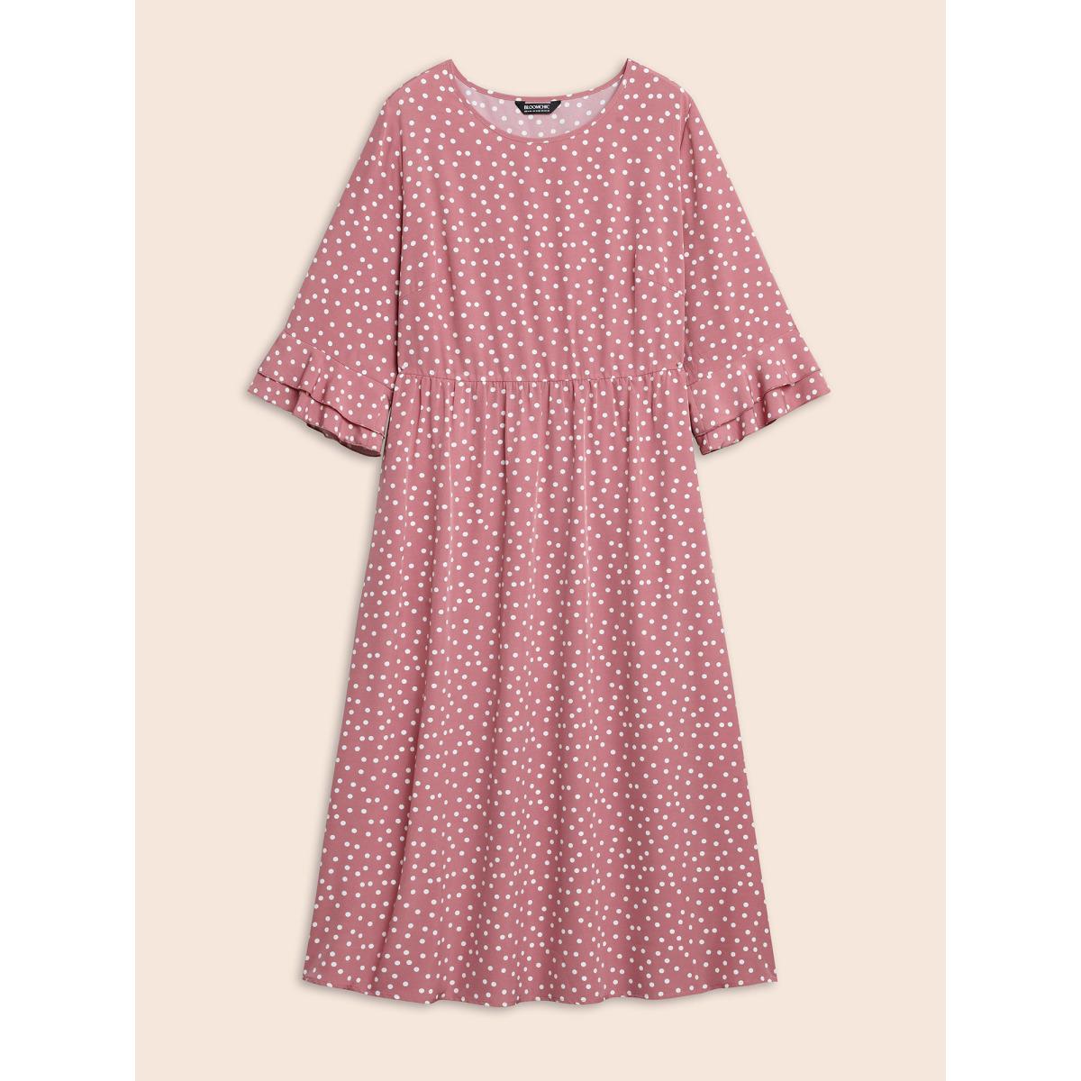 Plus Size Polka Dot Print Tiered Ruffles Sleeve Midi Dress Watermelon Women Elegant Ruffles Round Neck Elbow-length sleeve Curvy BloomChic 30/6X Product Image