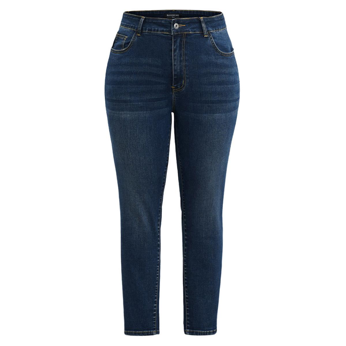Plus Size Dark Wash Button Up Zipper Fly High Jeans Women Midnight Casual Plain Plain High stretch Pocket Jeans BloomChic 26/4X Product Image