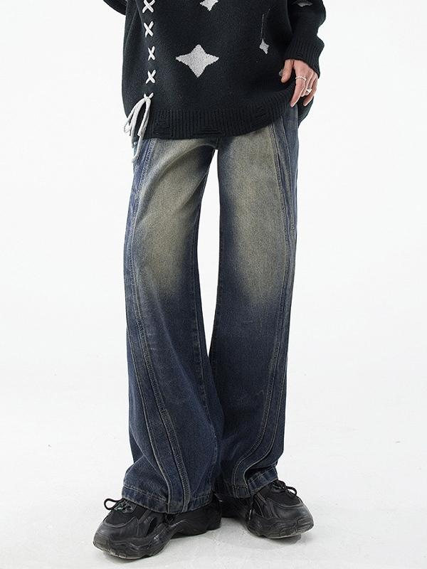 Men's Vintage Wash Splice Loose Jeans Product Image